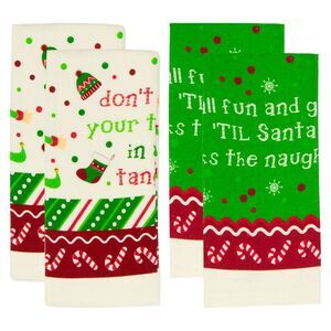 Funny 4 Piece Cotton Christmas Kitchen Towel Set Green/Red